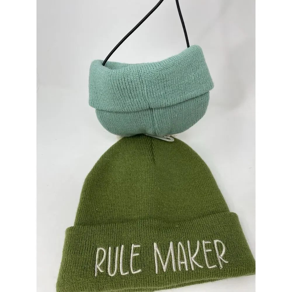 Pawsitively Fun Owner and Pet Beanie Hats Rule Maker Breaker Green Pom Pom NWT